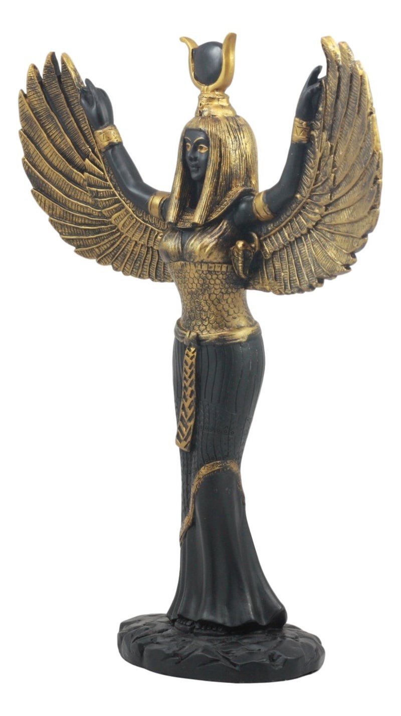 Ebros Gift Egyptian Goddess Isis Ra with Open Wings Statue 12" Tall Deity of Motherhood Magic Wisdom and Nature Home Decorative Sculpture Gods of Egypt Accent (Black and Gold) - Image 2